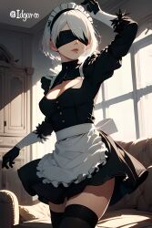 ai_generated black_dress black_gloves blindfold breasts couch hair_ornament hi_res highres idgaroo indoors maid maid_outfit maid_uniform nier:_automata nier_(series) stable_diffusion tights white_hair window yorha_2b