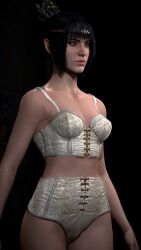 1girls 3d baldur's_gate baldur's_gate_3 black_hair corset female female_only green_eyes jackaroo perky_breasts shadowheart small_breasts solo thick_thighs thighs underwear