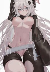 1girls 2023 animal_ears arknights bare_breasts breasts cookies43188394 grey_hair hi_res kemonomimi lappland_(arknights) light-skinned_female light_skin long_hair looking_at_viewer midriff navel nipples no_panties nude solo standing white_hair wolf_ears wolf_girl