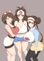 3girls aged_up blue_eyes breasts brown_hair female hannya_san hilda_(pokemon) hips huge_breasts light-skinned_female light_skin long_hair may_(pokemon) may_(pokemon_oras) nintendo pokemon pokemon_bw pokemon_bw2 pokemon_oras ponytail ribbon ribbon_in_hair rosa_(pokemon) thick_thighs thighs twin_buns twintails wide_hips