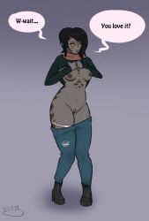 anthro blush bottomwear breasts clothed clothing denim denim_clothing dialogue embarrassed english_text exposed_breasts female flashing green_body green_skin hashdrawingslasher hi_res jeans pants partially_clothed reptile scales scalie snake solo speech_bubble sweater text topwear