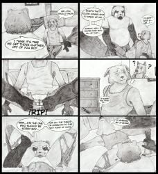 adam_(rosycoyote) age_difference andromorph bedroom canid canine canis clothing comic_panel coyote cunnilingus cuntboy dialogue duo eye_scar facial_scar genitals hands_on_legs hi_res inside intersex intersex/male male male/male mammal older_male oral pussy raccoon_dog rob_(rosycoyote) rosycoyote scar sex size_difference torn_clothing vaginal_penetration