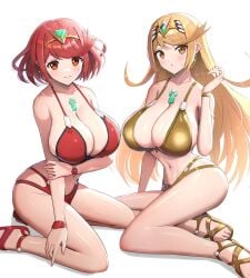 2girls bangs bikini blonde_hair breasts core_crystal female gold_bikini gold_eyes gonzarez hi_res hips huge_breasts light-skinned_female light_skin long_hair looking_at_viewer mythra nintendo outdoors pyra red_eyes red_hair short_hair smile swept_bangs swimsuit thick_thighs thighs wide_hips xenoblade_(series) xenoblade_chronicles_2