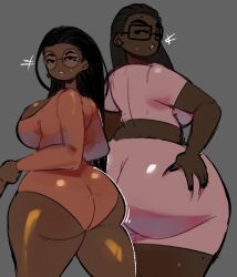 2girls african_female ass ass_cheeks dark-skinned_female fushigukuro mob_face nokkorone oc sfw simple_background sixbensoap