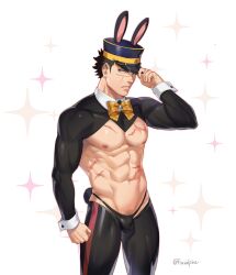 1boy abs bow brown_eyes brown_hair bulge bunny_ears chest_scar facial_scar foxvulpine golden_kamuy hand_on_hat hat holding_hat male male_only nipples pubic_hair reverse_bunnysuit scar simple_background solo solo_male sparkles sugimoto_saichi tagme