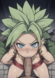 1boy1girl ai_generated blue_eyes blush blush_lines close-up dragon_ball_super earrings eyelashes fellatio from_above glare green_hair hands_behind_back kefla kneeling legendary_super_saiyan looking_at_viewer male_pov no_pupils oral pixai scowl spiky_hair super_saiyan super_saiyan_2 veiny_penis wekilled_god