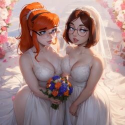 ai_generated auburn_hair big_ass breasts bride brown_hair cleavage curvy domn family_guy glasses lesbian_couple meg_griffin nerd nerdy_female orange_hair patty_patterson short_hair thick_thighs tko-san wedding wedding_dress wife_and_wife yuri