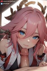 ai_generated blowjob blue_eyes faceless_male genshin_impact looking_at_viewer looking_up pale-skinned_female pale-skinned_male pale_skin pandazeai patreon penis pink_hair pov small_penis yae_miko