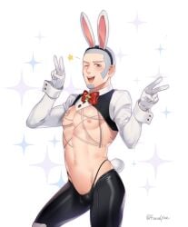 1boy bow bulge bunny_ears facial_hair foxvulpine golden_kamuy grey_hair hat looking_at_viewer male nipples peace_sign pubic_hair reverse_bunnysuit shiraishi_yoshitake simple_background smile smiling_at_viewer solo solo_male sparkles star tagme tattoo wink winking_at_viewer