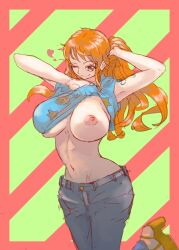 1girls areolae belly_button big_breasts breast_focus breasts busty curvy exposed_breasts exposing female female_only gura1elizabeth high_heels jeans long_hair nami nipples one_breast_out one_piece orange_hair pants platform_heels post-timeskip presenting shirt shirt_lift solo toned toned_female wink