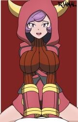 1girls big_breasts clothing courtney_(pokemon) courtney_(pokemon_oras) fake_horns female female_focus female_on_top hoodie looking_at_viewer male_pov medium_hair pokemon pokemon_oras pov purple_hair rjamal