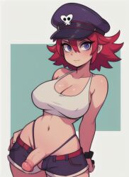 1futa ai_generated bad-airt big_breasts big_penis final_fight futa_only futanari hat penis pink_hair poison_(final_fight) shemale short_shorts solo street_fighter