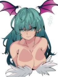 1girls 2023 artist_signature big_breasts capcom clothed clothing darkstalkers demon_girl fanart green_hair large_breasts light-skinned_female light_skin long_hair looking_at_viewer messy_hair morrigan_aensland omochi_db smile smiling_at_viewer succubus succubus_wings turquoise_eyes turquoise_hair vampire_savior voluptuous voluptuous_female