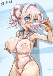 1girls alternate_breast_size alternate_costume areolae areolae_visible_through_clothing azur_lane belly_button belly_button_visible_through_clothing blue_eyes blush clothed clothing female female_only food hairpin iron_blood_(azur_lane) jade_(a_lick_of_summer)_(azur_lane) jade_(azur_lane) light-skinned_female light_skin nipple_bulge nose_blush official_alternate_costume one-piece_swimsuit open_mouth popsicle solo suggestive swimsuit wet wet_clothes white_hair zebulun