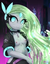 blue_eyes breasts futuristic green_hair jacket leather_jacket long_hair meloetta necklace pokémon_(species) pokemon pokemon_(species) rilex_lenov