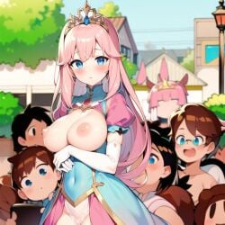 1girls ai_generated amusement_park bishoujo_senshi_sailor_moon blue_eyes blush breastless_clothes breasts_out clothing crown curious dark_kingdom dress elbow_gloves exhibitionism exposed exposed_breasts female gloves gown lace_panties large_breasts light-skinned_female light_pink_hair long_hair monster_of_the_day murido panties pantyshot pink_hair princess public public_nudity tiara villainess water_drop_breasts youma