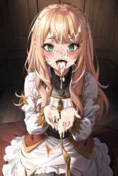 1girls ai_generated begging_pose blonde_hair bukkake cum cum_in_hands cum_in_mouth cum_on_face cum_on_hair cupping_hands fully_clothed green_eyes isekai_de_cheat_skill_wo_te_ni_shita_ore_wa_genjitsu_sekai_wo_mo_musou_suru lexia_von_alceria long_hair on_knees smile tongue tongue_out