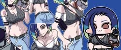 1girls :3 abdomen ass bare_shoulders bent_over between_breasts black_choker blue_background blue_hair blush blush_stickers bob_cut breasts brown_eyes camera chibi choker cleavage closed_mouth collarbone crop_top curvy curvy_figure denim female female_only grey_shirt grey_sports_bra groin hair_between_eyes hand_on_own_hip holding holding_camera jazzjack jeans large_breasts looking_at_viewer loose_hair_strand medium_breasts midriff multiple_views navel off-shoulder_shirt off_shoulder pants perrin_(pokemon) pokemon pokemon_(game) pokemon_sv pov revealing_clothes ribbed_shirt shirt short_sleeves sleeveless sleeveless_shirt smile solo sports_bra standing stomach strap_between_breasts undershirt v-neck watch wristwatch