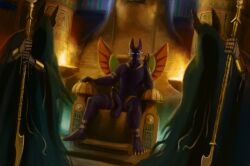 absurd_res amon_(vanillanaisu) anubian_jackal canid canine canis chair egyptian egyptian_hound egyptian_mythology furniture genitals hi_res jackal mammal middle_eastern_mythology mummy mythology penis pharaoh rayoutofspace royalty temple throne undead