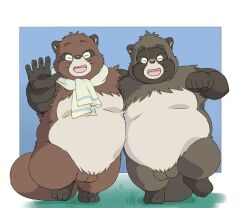 2023 anthro balls belly big_belly brown_body canid canine duo embrace genitals ghibli hi_res hug humanoid_hands inunoshippo kemono male male/male mammal moobs overweight overweight_male pom_poko raccoon_dog tanuki