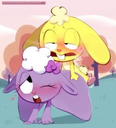 ass bovid caprine cuddles_(htf) duo female happy_tree_friends hi_res lagomorph lammy_(htf) leporid male mammal mu111777 one_eye_closed purple_body rabbit sex sheep yellow_body