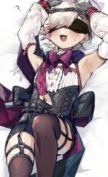 1boy armpits blindfold blush bowtie chained chains femboy garter_straps genshin_impact girly lying lyney_(genshin_impact) male male_only on_back open_mouth restrained shorts smile sweatdrop tagme thighhighs trap twink yoruhachi