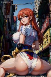 aged_up ai_generated ass big_ass big_breasts blue_eyes bun_cover cameltoe chinese_clothes chinese_dress emotionless expressionless female female_only fully_clothed gintama gintama:_be_forever_yorozuya hair_ornament kagura_(gintama) long_hair looking_at_viewer looking_back nipple_bulge official_alternate_costume orange_hair outside rear_view sitting solo