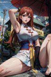 aged_up ai_generated arm_up armpit armpit_fetish big_breasts blue_eyes bun_cover china_dress chinese_clothes female female_only gintama gintama:_be_forever_yorozuya hair_ornament kagura_(gintama) long_hair looking_at_viewer official_alternate_costume orange_hair outside single_glove sitting solo spread_legs thick_thighs