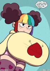 clothing ear_piercing freckles garabatoz half-closed_eyes heart_pattern jules_(the_guava_juice_show) massive_breasts questioning rainbow_hair short_shorts stretched_clothing tagme the_guava_juice_show thigh_socks thought_bubble twin_buns