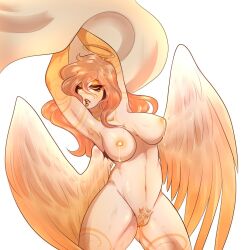 1girls aesthetic alternate_version_available angel angel_wings big_breasts blonde_hair blush countryhumans countryhumans_girl countryhumans_oc eyebrows_visible_through_hair female female_only hourglass_figure lipstick markings medium_hair original pubic_hair pussy pussy_juice reikmer simple_background voluptuous voluptuous_female white_background yellow_eyes yellow_lipstick yellow_nipples