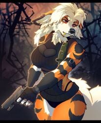 1furry 2023 anthro anthro_female anthrofied arcanine black_panties black_sweater boob_window breast curvy fan_character female fingerless_gloves furry furry_female furry_only gold_teeth gun nose_piercing oc percivore pistol pokemon pokemon_(species) red_eyes resident_evil solo standing virtual_youtuber vtuber ziphora_art