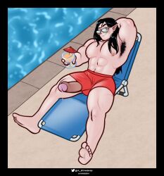 armpit_hair armpits barefoot dick_slip elf elf_ears erection large_pectorals large_penis male male_only muscular muscular_male nipple_piercing penis_through_leghole pool poolside silvyr_grefaren solo stowaway sunglasses uncut