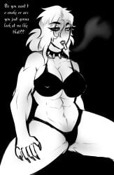 1girls alternate_version_available belly_button big_breasts black_and_white black_background bra cigarette clothing countryhumans countryhumans_girl countryhumans_oc english_text eyebrows_visible_through_hair female female_only muscular muscular_female necklace original reikmer simple_background text tomboy underwear