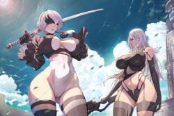 2girls absurd_res arttoru ass_visible_through_thighs big_breasts hourglass_figure huge_breasts long_hair nier:_automata nier_(series) short_hair thick_thighs weapon yorha_2b