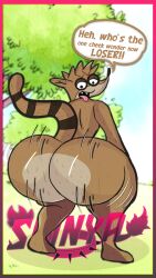 18+_adults_only_sign anthro ass big_butt cartoon_network hi_res male male/male mammal procyonid raccoon regular_show rigby_(regular_show) shinyagaia solo thick_thighs