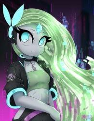 blue_eyes bra futuristic green_hair jacket leather_jacket long_hair meloetta meloetta_(aria_form) necklace pokémon_(species) pokemon pokemon_(species) rilex_lenov