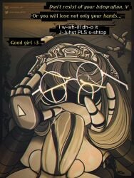 1futa 1girls background balls big_penis blowjob breasts colored comic_page cyn_(murder_drones) dialogue english_text erection fellatio female female_focus futa_on_female futanari glasses glitch_productions grabbing_head grey_body grey_hair huge_cock humanoid humanoid_penis madlness murder_drones nude oral penis rape robot robot_girl sex standing text threatening v_(murder_drones)