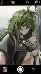 antenna_hair arknights blush breasts fake_screenshot female frown gavial_(arknights) green_hair hair_between_eyes highres looking_at_viewer medium_breasts medium_hair nipples pointy_ears psycheichidou self_exposure selfie solo sweatdrop user_interface