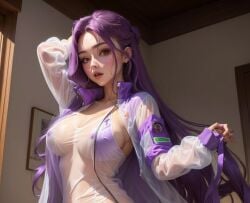 1girls ai_generated female female_only purple_hair seethrough_clothing tagme