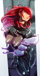 curvy female fur_coat haysey_draws large_breasts latex light-skinned_female light_skin megami_tensei mitsuru_kirijo nipple_bulge persona persona_3 persona_4_arena red_hair red_lipstick skin_tight