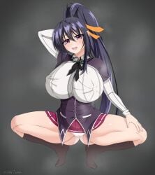 akeno_himejima black_socks blue_hair fully_clothed high_school_dxd inviting_to_sex knee_socks kneehighs kneesocks legs_open meganethings panties purple_eyes school_uniform socks steam