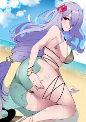 1girls alternate_costume alternate_hairstyle anklet ass bare_legs beach bikini blue_sky bracelet breasts camilla_(fire_emblem) fe135700 feet_out_of_frame female female female_only fire_emblem fire_emblem_fates flower gold_bikini gold_swimsuit green_sarong hair_flower hair_ornament hair_over_one_eye high_heels highres jewelry large_breasts long_hair looking_at_viewer looking_back low-tied_long_hair nintendo ocean outdoors purple_eyes purple_hair red_flower sand sarong sky smile solo swimsuit thigh_strap thighs very_long_hair yellow_bikini yellow_swimsuit