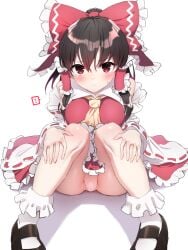 1girls blush bow brown_hair clothed crotch_seam fully_clothed hair_ribbon hair_tubes hakurei_reimu looking_at_viewer panties polpol red_bow red_eyes reimu_hakurei ribbon socks tagme touhou underwear white_panties