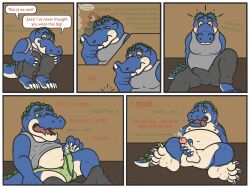 4_toes accident accidental alligator alligatorid anthro bappy_(bembosdoggo) bembosdoggo blue_body bodily_fluids claws clothed clothing comic crocodilian crocodylid dialogue dripping duo english_text erection erection_under_bottomwear erection_under_clothing feet genital_fluids genitals green_body green_scales hi_res inner_monologue leaking_precum leaking_through_clothing male male/male masturbation moob_grab moobs musclegut open_mouth penis possession precum precum_drip reptile scales scalie shocked simple_background sitting slightly_chubby speech_bubble spirit takeover text toes tongue touching_penis transformation underwear undressing unwanted_erection white_body white_feet yellow_eyes zaszthecroc