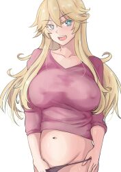 absurdres alternate_costume black_panties blonde_hair blue_eyes breasts collarbone covered_nipples cowboy_shot female groin highres iowa_(kantai_collection) kantai_collection ken_(shutenndouji1) large_breasts mature_female milf navel panties pink_sweater simple_background solo star-shaped_pupils star_(symbol) sweater symbol-shaped_pupils underwear white_background