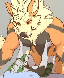 absurd_res anthro arcanine barely_visible_genitalia barely_visible_penis blonde_hair duo eye_contact fur generation_1_pokemon genitals green_body green_fur hair hi_res huskeeburn21 interspecies looking_at_another male male/male muscular muscular_anthro muscular_male nintendo nude orange_body orange_fur pec_grab pecs penis pokemon pokemon_(species) sergal size_difference