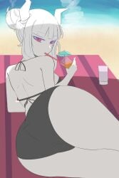 ass ass_cleavage ass_focus beach beach_towel demon demon_girl demon_horns demon_humanoid demoness female hair_bun helltaker horn horns juice looking_at_viewer lucifer_(helltaker) orange_juice red_eyes vizi514 white_hair