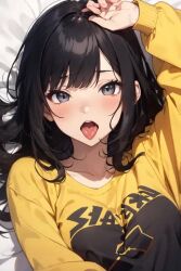 ai_generated bangs bed black_eyes black_hair blush face_focus laying_down long_hair one_arm_up open_mouth tongue_out yellow_eyes yellow_sweatshirt