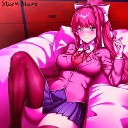 blush blush_lines blushed blushing_at_viewer bow bow_ribbon doki_doki_literature_club green_eyes lighting looking_at_viewer lying lying_down lying_on_back lying_on_bed monika_(doki_doki_literature_club) not_porn one_leg_bent one_leg_forward one_leg_raised one_leg_up pink_lighting red_lighting safe safe_for_work school_uniform sfw short_dress short_skirt skirt smile storm_blaze stormblaze76