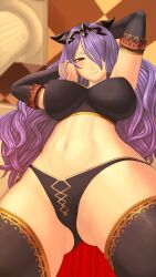 1girls ass_visible_through_thighs bare_thighs black_panties breasts camilla_(fire_emblem) crotch female female_only fire_emblem fire_emblem_fates from_below hair_over_one_eye horns large_breasts long_hair looking_at_viewer looking_down multicolored_hair nintendo panties pink_eyes purple_hair rimviolet smile solo thick_thighs thighhighs thighs underwear very_long_hair